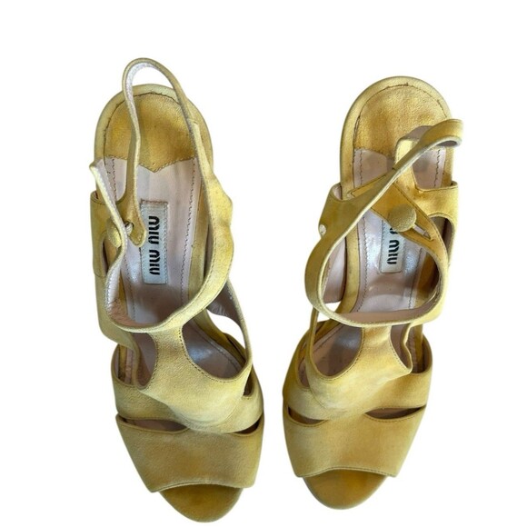 MIU MIU SUEDE WEDGE PLATFORM SANDALS SOLEIL Sz 37 1/2 Italy stamp COA U… - Picture 6 of 14